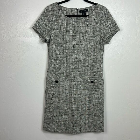 Tahari White Black Crosshatch Print Sheath Dress With Pockets Size 10 - Picture 1 of 10